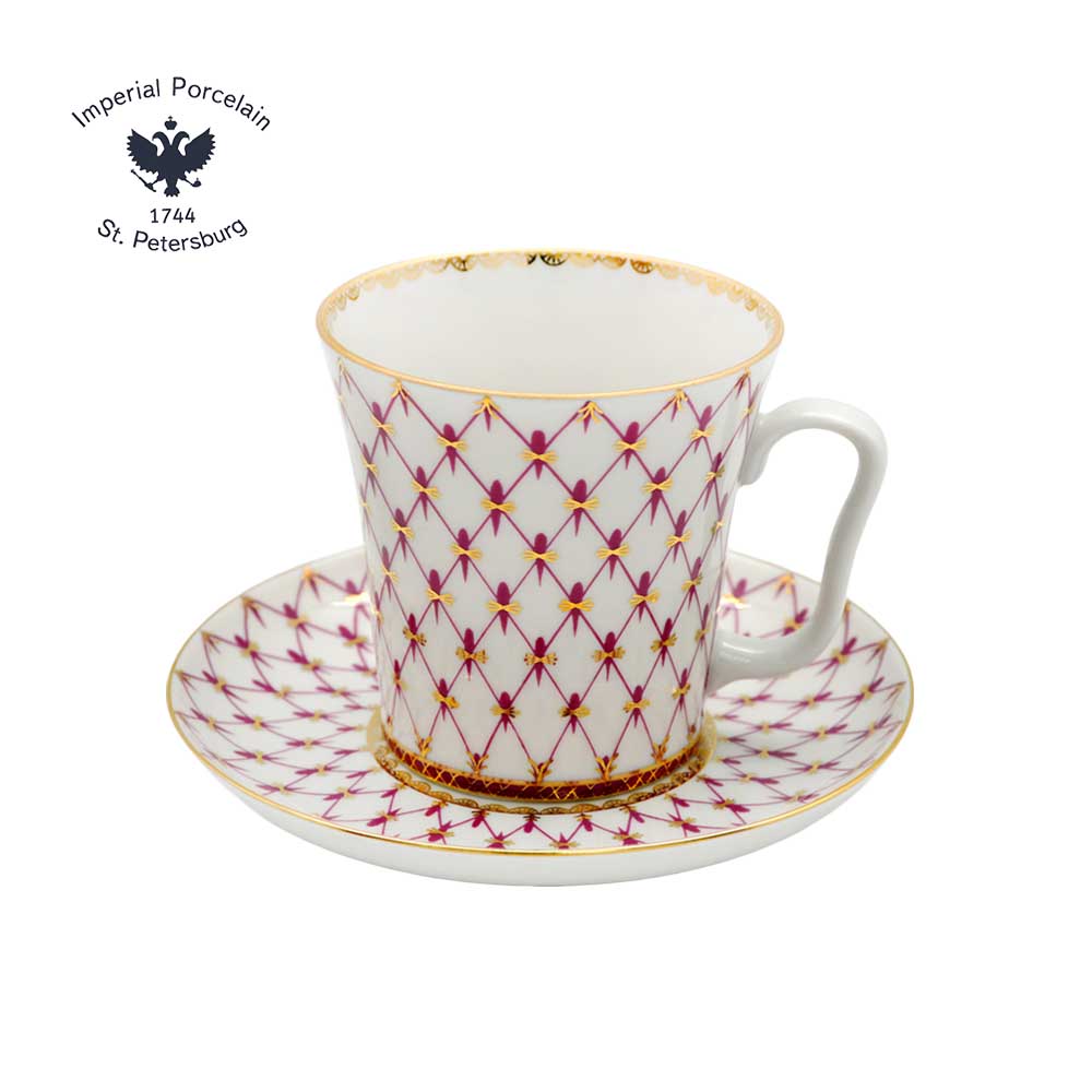 俄羅斯Imperial Porcelain-經典網紋系列-粉桃紅22K金手工-350ml馬克杯盤組