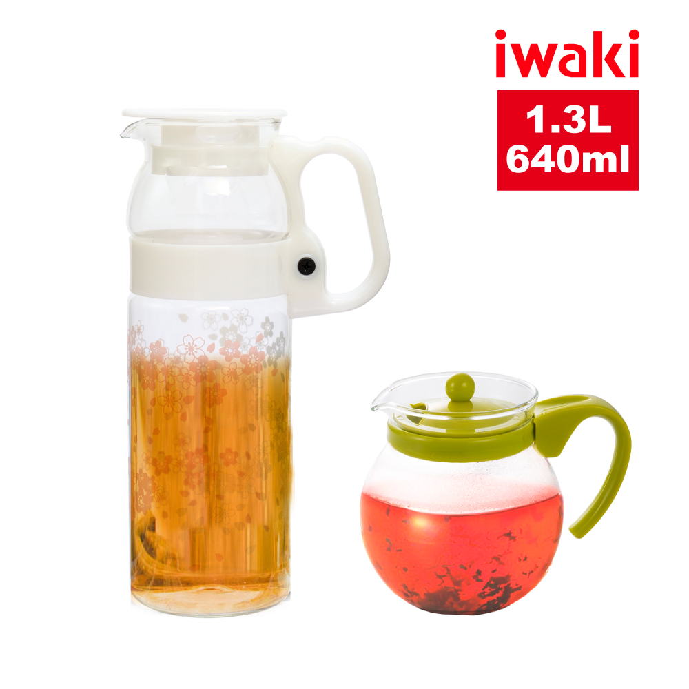 【iwaki】日本耐熱玻璃茶壺2件組(沖茶器640ml+櫻花水壺1.3L)
