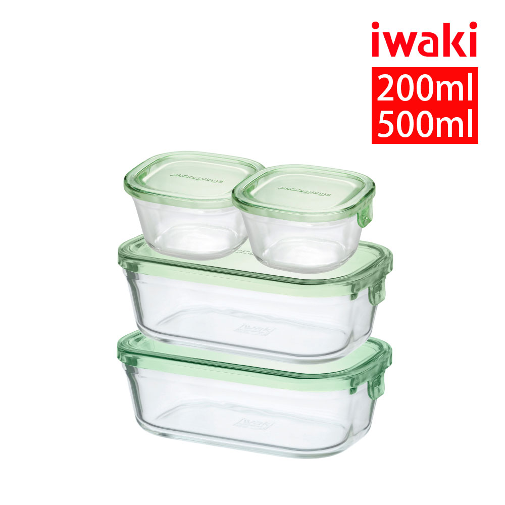 【iwaki】日本耐熱玻璃保鮮盒四入組(200mlx2+500mlx2)