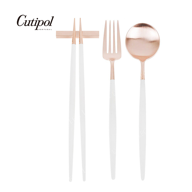 葡萄牙Cutipol GOA ROSE系列-白玫瑰金霧面不銹鋼-新三件餐具組-叉匙筷