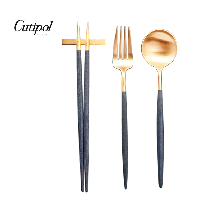 葡萄牙Cutipol GOA系列-藍金新三件餐具組-叉匙筷