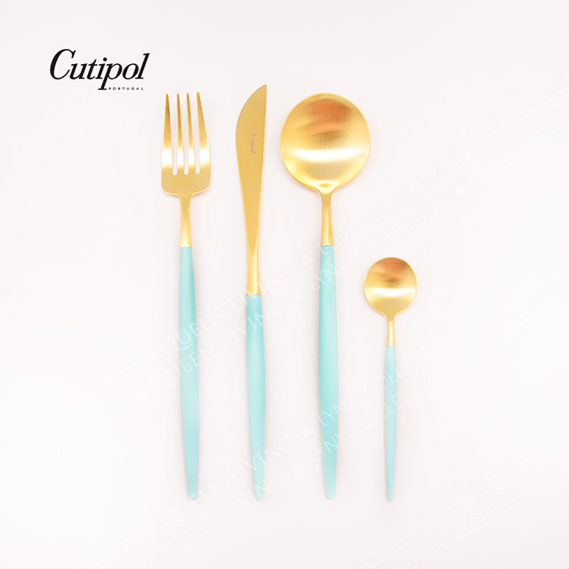 葡萄牙Cutipol-GOA系列-獨家蒂芬妮藍金霧面不銹鋼-21.5cm主餐刀叉匙12cm咖啡匙-4件組