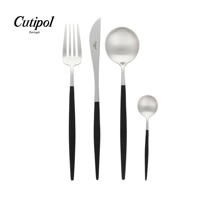 葡萄牙Cutipol-GOA系列-黑柄霧面不銹鋼-21.5cm主餐刀叉匙12cm咖啡匙-4件組