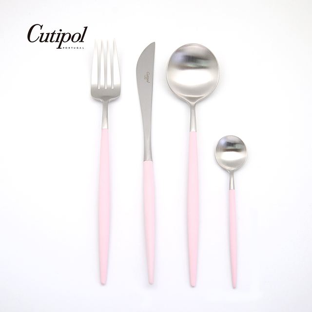 限量-葡萄牙Cutipol-GOA系列-粉紅柄霧面不鏽鋼-21.5cm主餐刀叉匙12cm咖啡匙-4件組