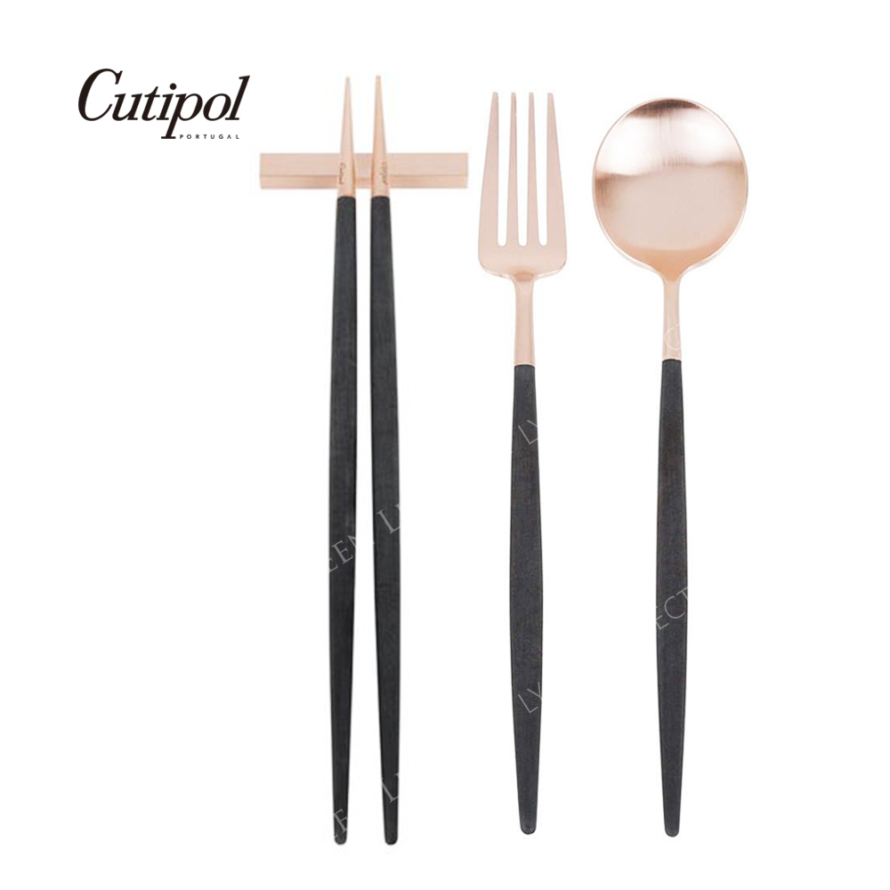 葡萄牙Cutipol GOA ROSE系列-黑玫瑰金霧面不銹鋼-新三件餐具組-叉匙筷