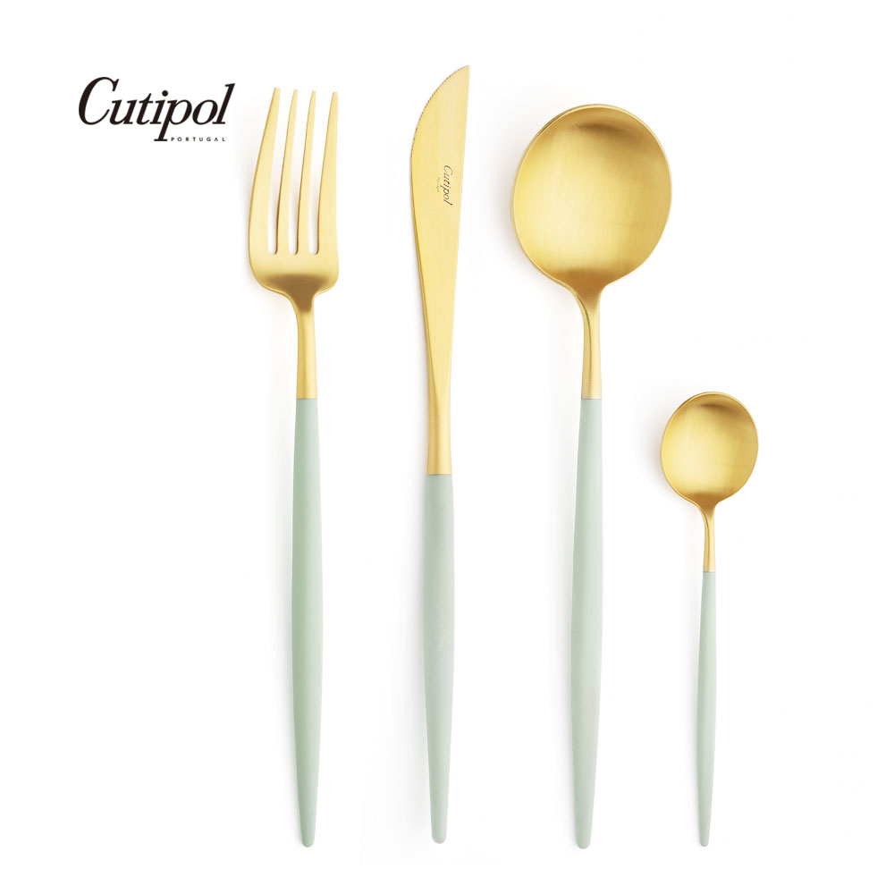 葡萄牙Cutipol-GOA系列-青玉金霧面不銹鋼-21.5cm主餐刀叉匙12cm咖啡匙-4件組