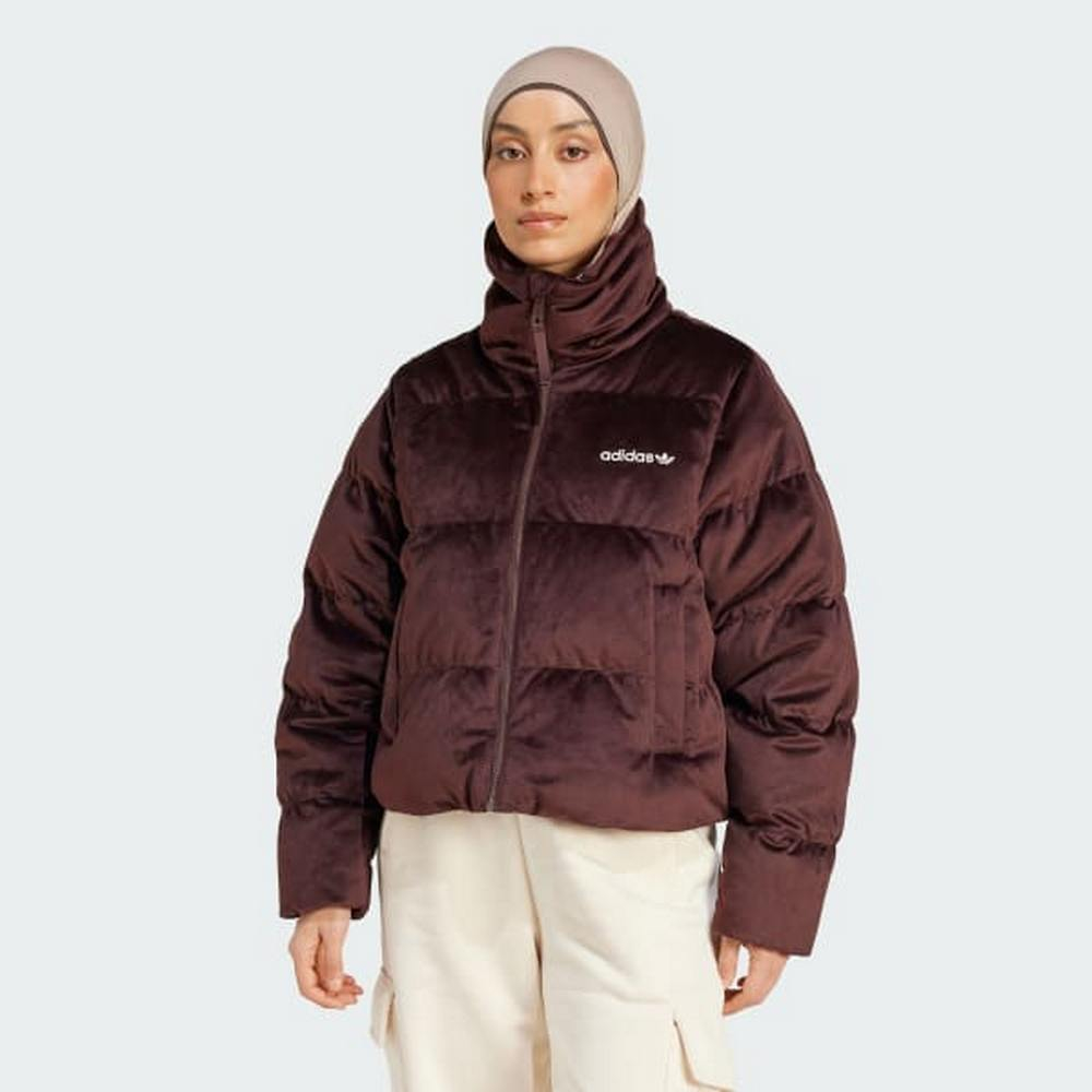 【ADIDAS】VELVET DOWN JKT 羽絨外套 女 立領 保暖 咖啡色-IW8437