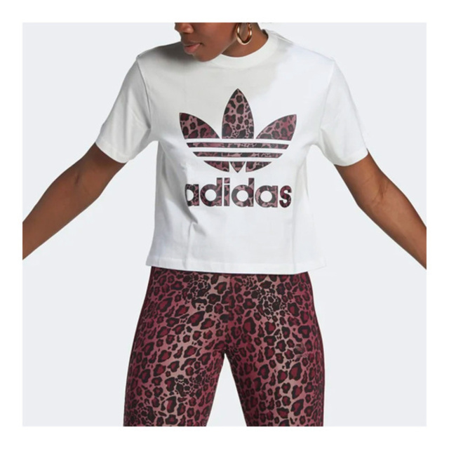 Adidas T-Shirt Logo [HK5186 女 短袖 上衣 T恤 經典 豹紋 LOGO 短版 三葉草 白