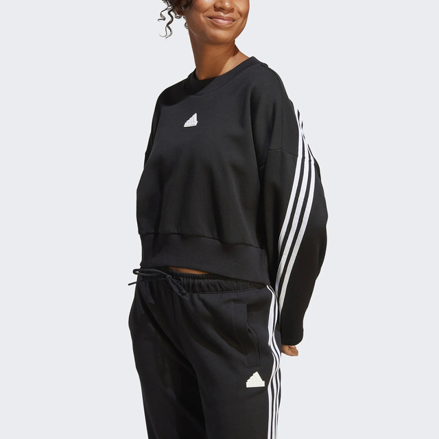 Adidas W FI 3S Crew [IB8494 女 長袖 上衣 衛衣 亞洲版 寬鬆 休閒 短版 舒適 棉質 黑