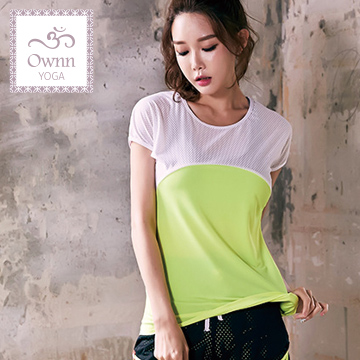 【品樂．Ownn Yoga】韓版透氣網格速乾瑜珈服短袖上衣(瑩光綠，單賣上衣)