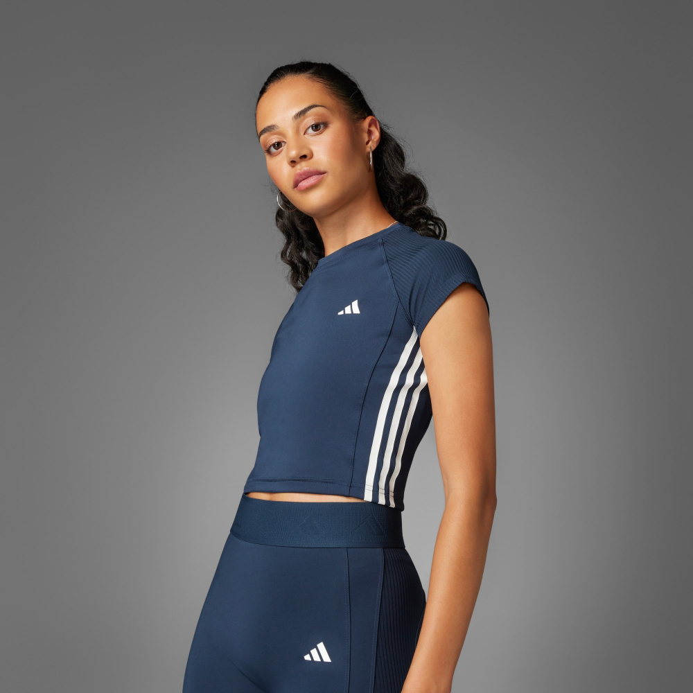 【ADIDAS】HYGLM T Q1 短袖上衣 女 短版 藍色-JE8814
