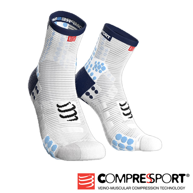 【Compressport瑞士】機能壓縮－ V3 跑步短襪標準筒(白藍)