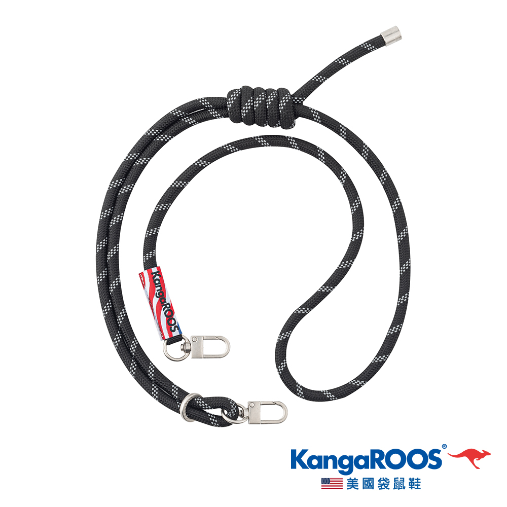 【KangaROOS 美國袋鼠鞋】 8.0mm 反光繩索背帶+手機墊片 手機掛繩 可調式背帶 (騎士黑-KA46220)