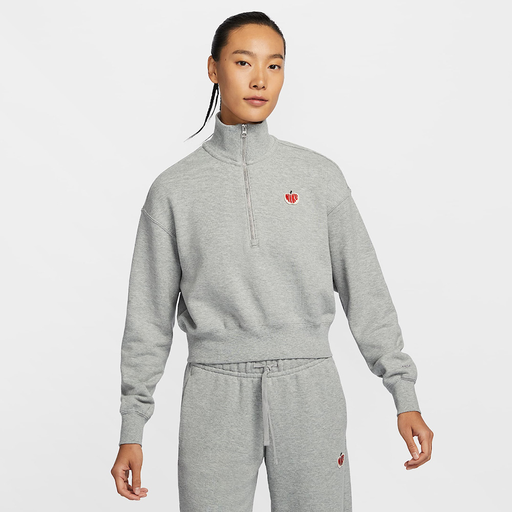 【NIKE】AS W NSW PHNX FLC QZ CROP GCEL 女 圓領套頭衫 灰色-HV8731063