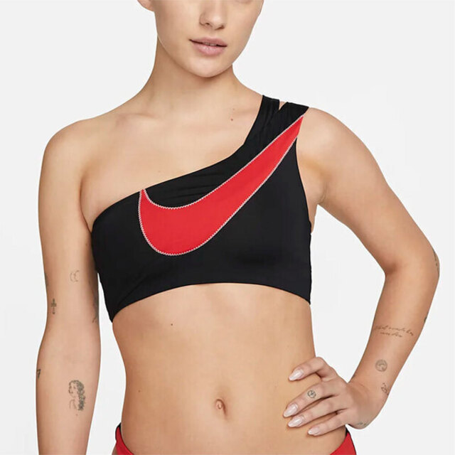 Nike Icon [NESSD281-001 女 不對稱比基尼上衣 斜肩 夏日 戶外 野溪 運動 休閒 黑紅