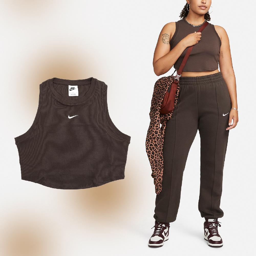 Nike 耐吉 背心 NSW Essentials 女款 棕 咖啡 白 短版 合身 羅紋 削肩背心 穿搭 小勾 FB8280-237