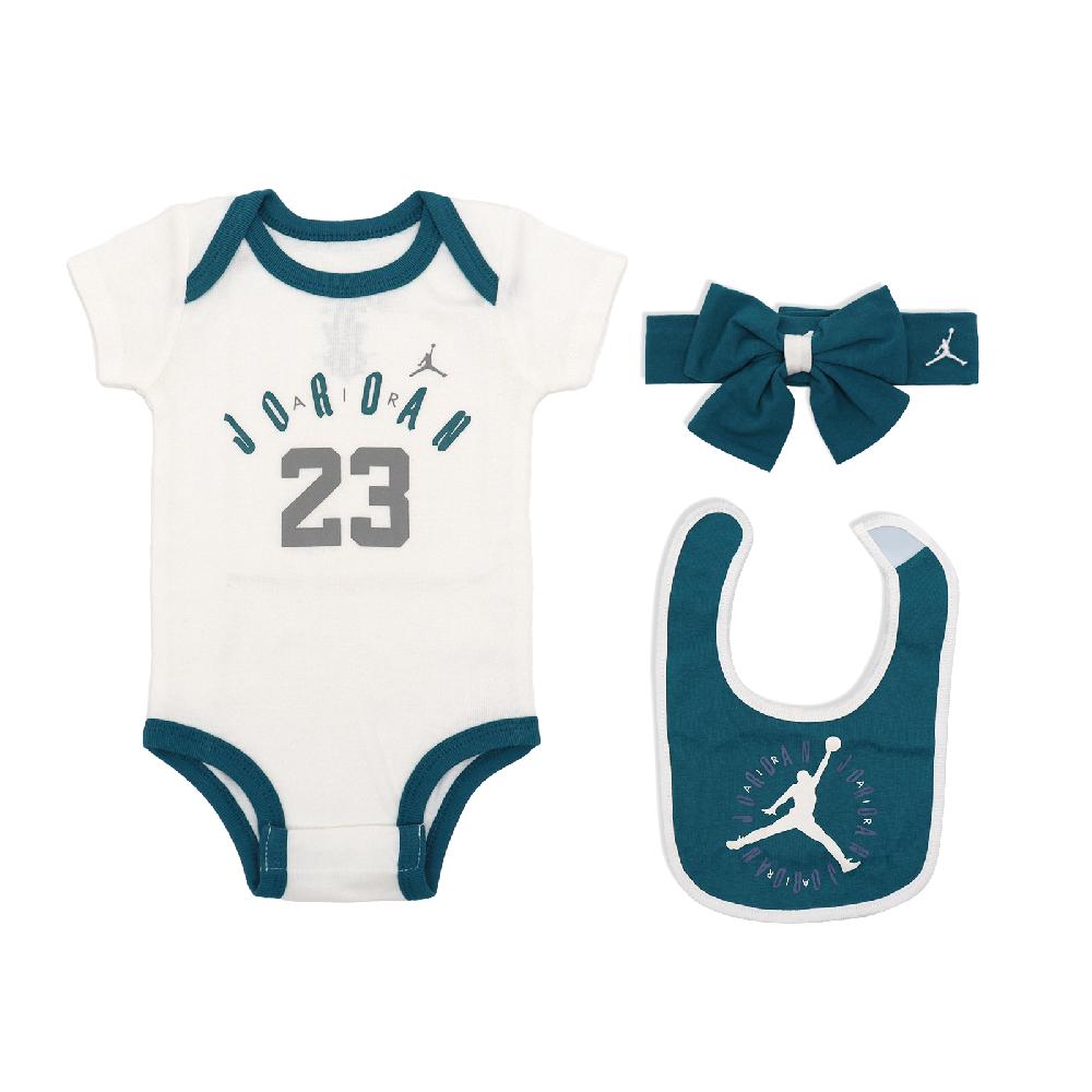 Nike 耐吉 包屁衣 Jordan Baby 白 綠 短袖 圍兜 頭帶 蝴蝶結 純棉 送禮 寶寶 嬰兒 JD2343021NB-001