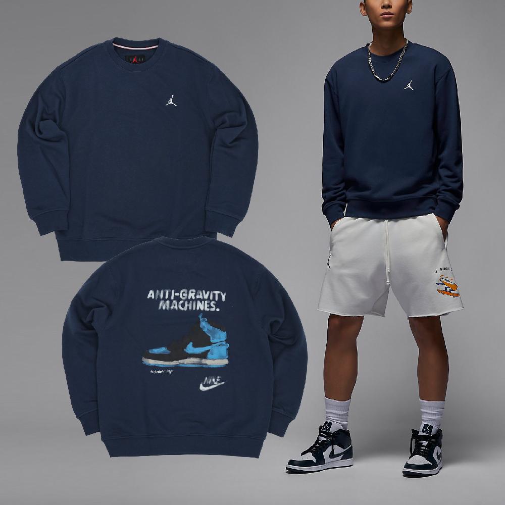 Nike 耐吉 長袖上衣 Jordan Fleece Crew 男款 藍 白 毛圈布 刺繡 AJ1 插畫 大學T HF1118-410
