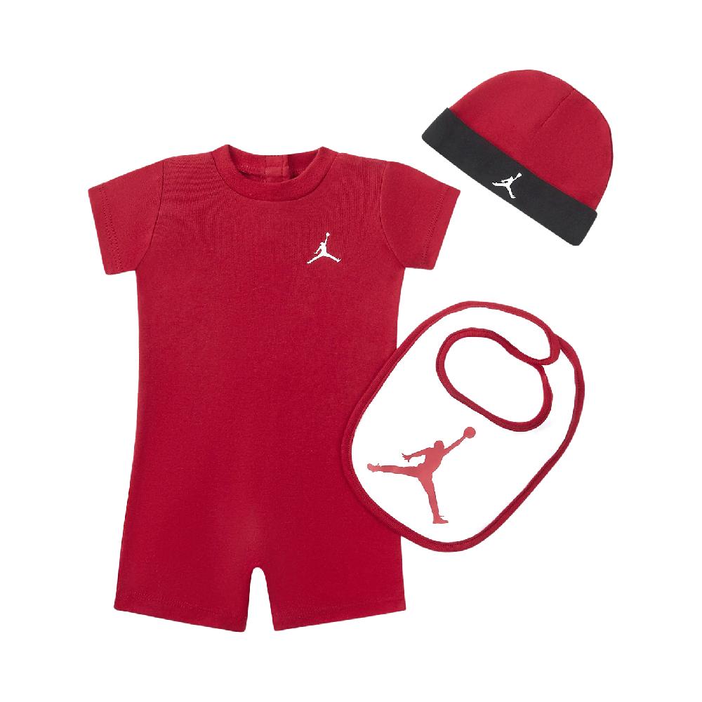 Nike 耐吉 包屁衣 Jordan Jumpman Baby Rompers 紅 黑 小朋友 帽子 口水巾 純棉 JD2413038NB-001