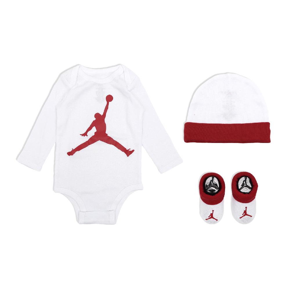 Nike 耐吉 包屁衣 Jordan Baby 白 紅 長袖 帽子 襪子 純棉 寶寶 嬰兒 送禮 白 紅 JD2343018NB-001