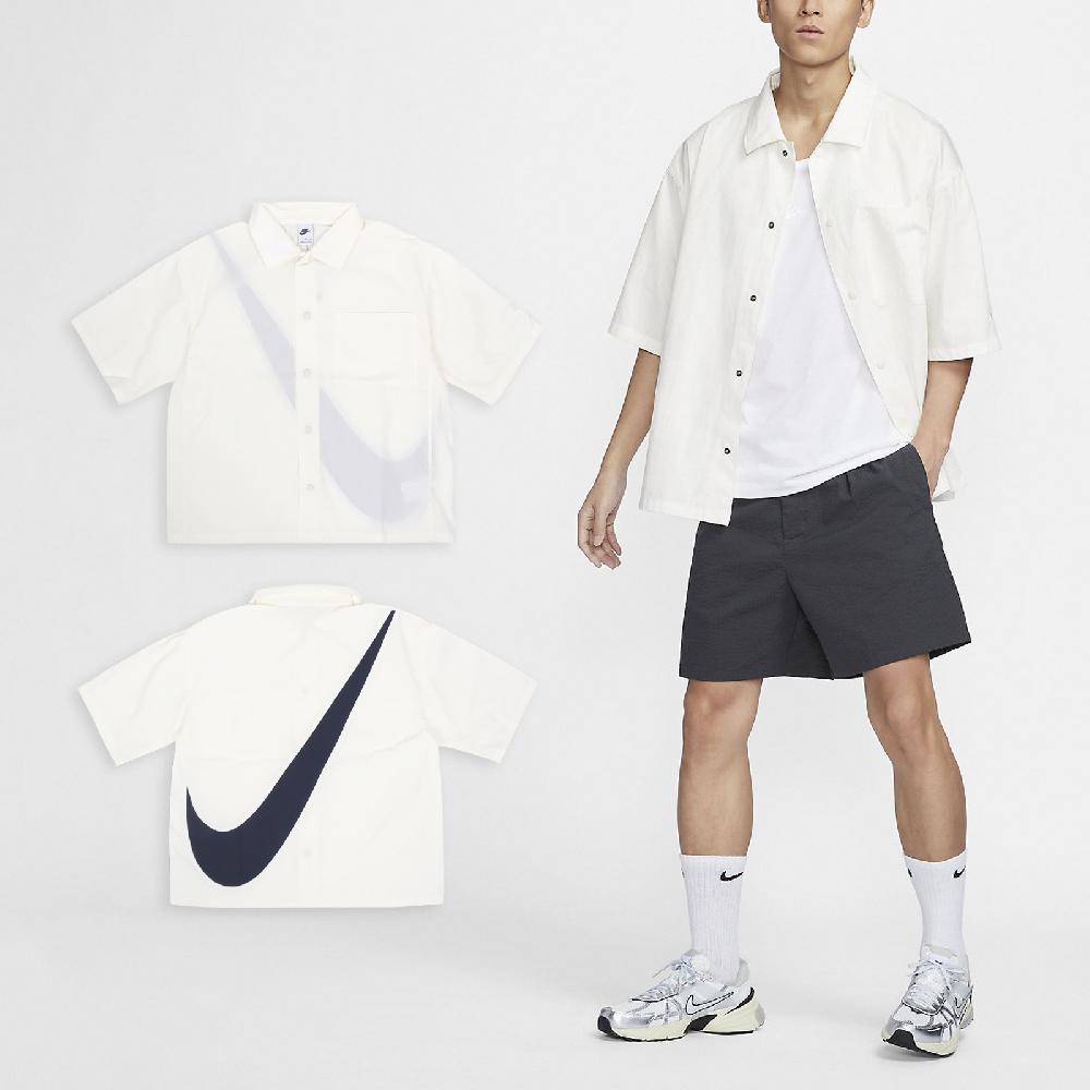Nike 耐吉 短袖襯衫 Big Swoosh Shirts 男款 象牙白 藍 寬鬆 梭織 大勾勾 襯衫 FN3250-133