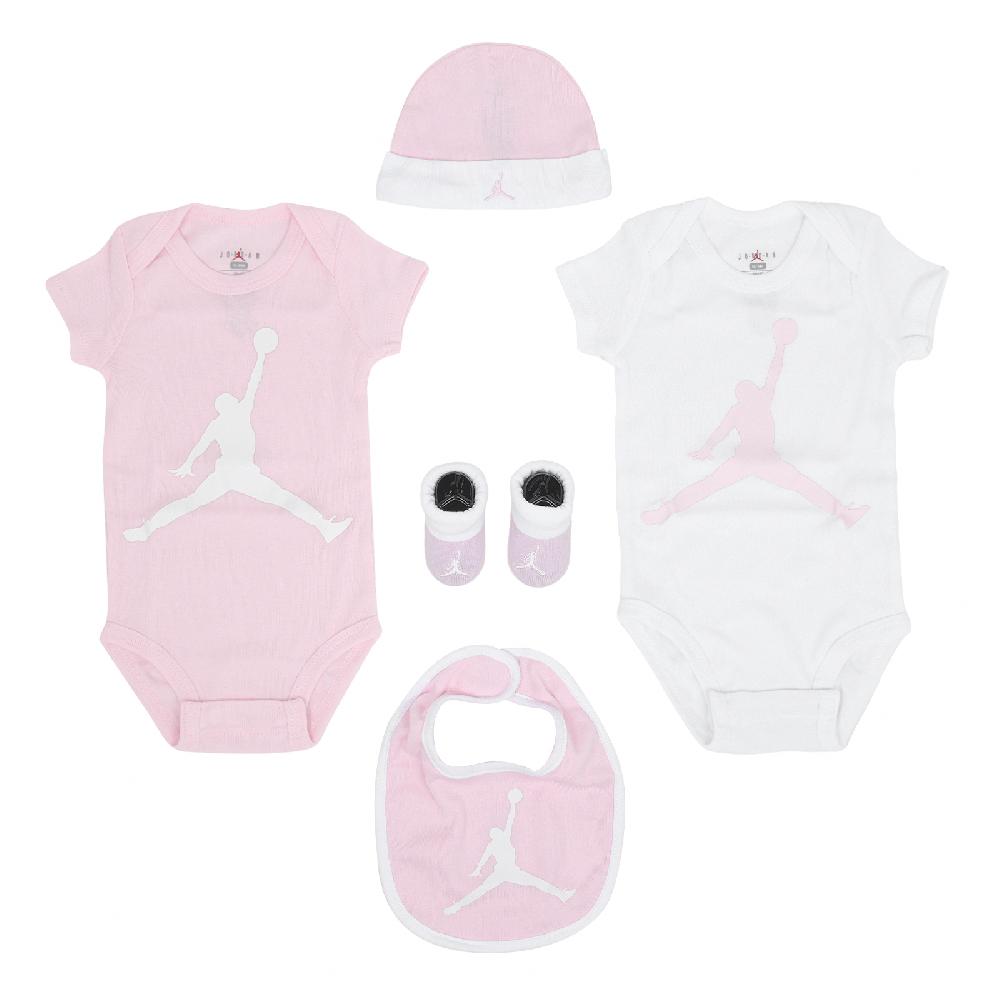 包屁衣 Jordan 小童 嬰兒 粉 白 純棉 短袖 小朋友 帽子 襪子 圍兜 五件組 禮盒 JD2433031NB-001