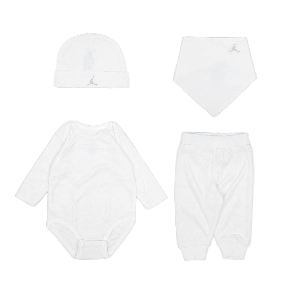 包屁衣 Jordan Baby 白 嬰兒 小童 小朋友 純棉 長袖 長褲 帽子 圍兜 禮盒 四件組 JD2343029NB-001
