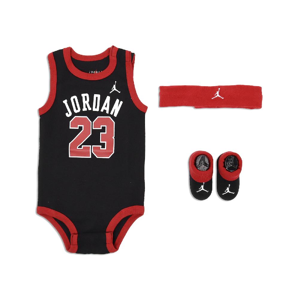 包屁衣 Jordan Baby 黑紅 純棉 嬰兒 禮盒 3入組 襪子 頭帶 JD2323025NB-001
