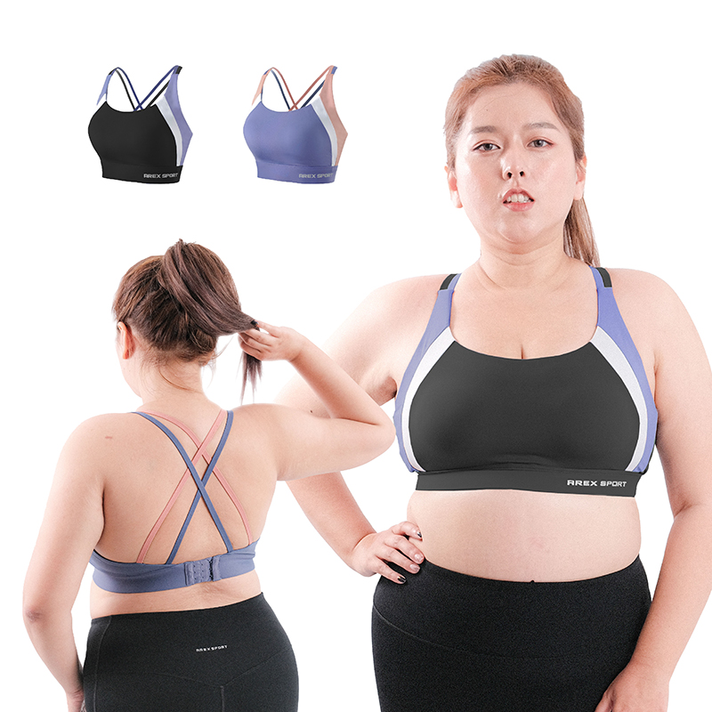 AREXSPORT加大碼學院風拼接三色後交叉可調節背扣式運動內衣-藍黑色【2L-5L】大尺碼