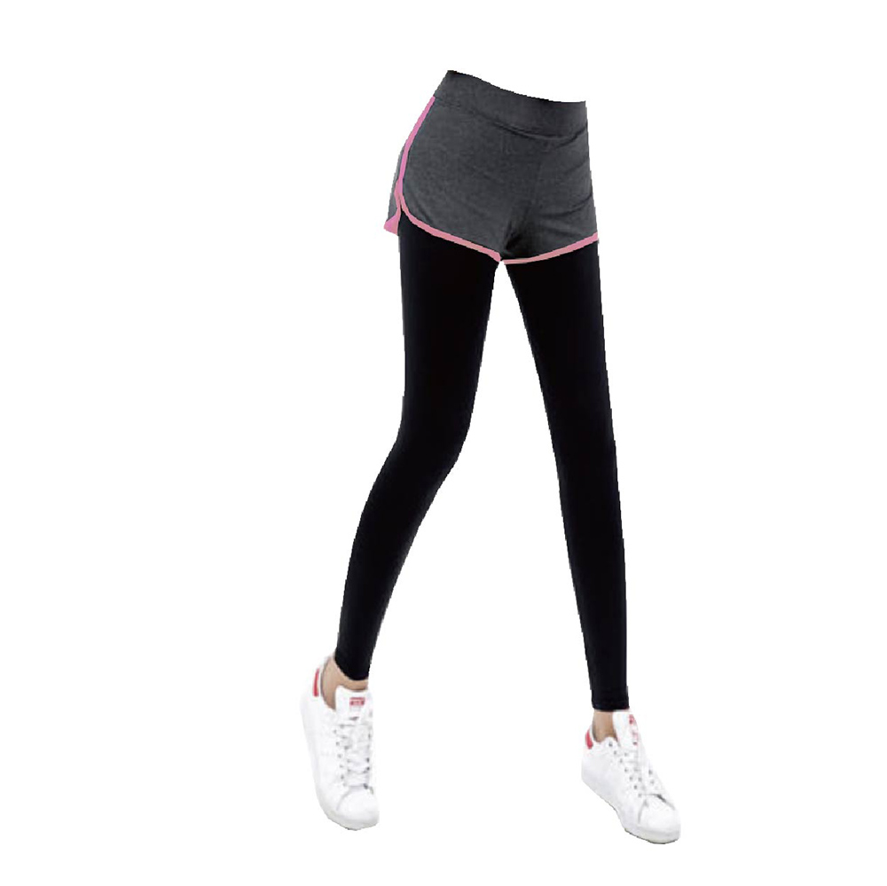 AREXSPORT 棉質撞色機能假兩件運動褲-黑桃【Ｓ-XL】加大尺碼 女運動褲 大尺碼假兩件褲