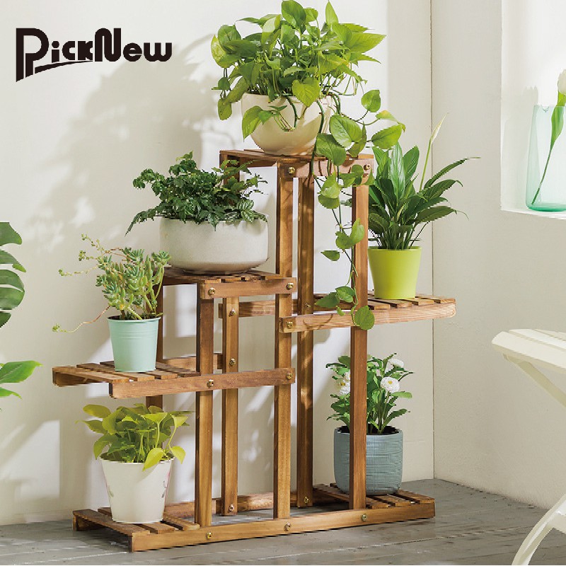 【PickNew】 炭烤色實木創意造型落地展示花架
