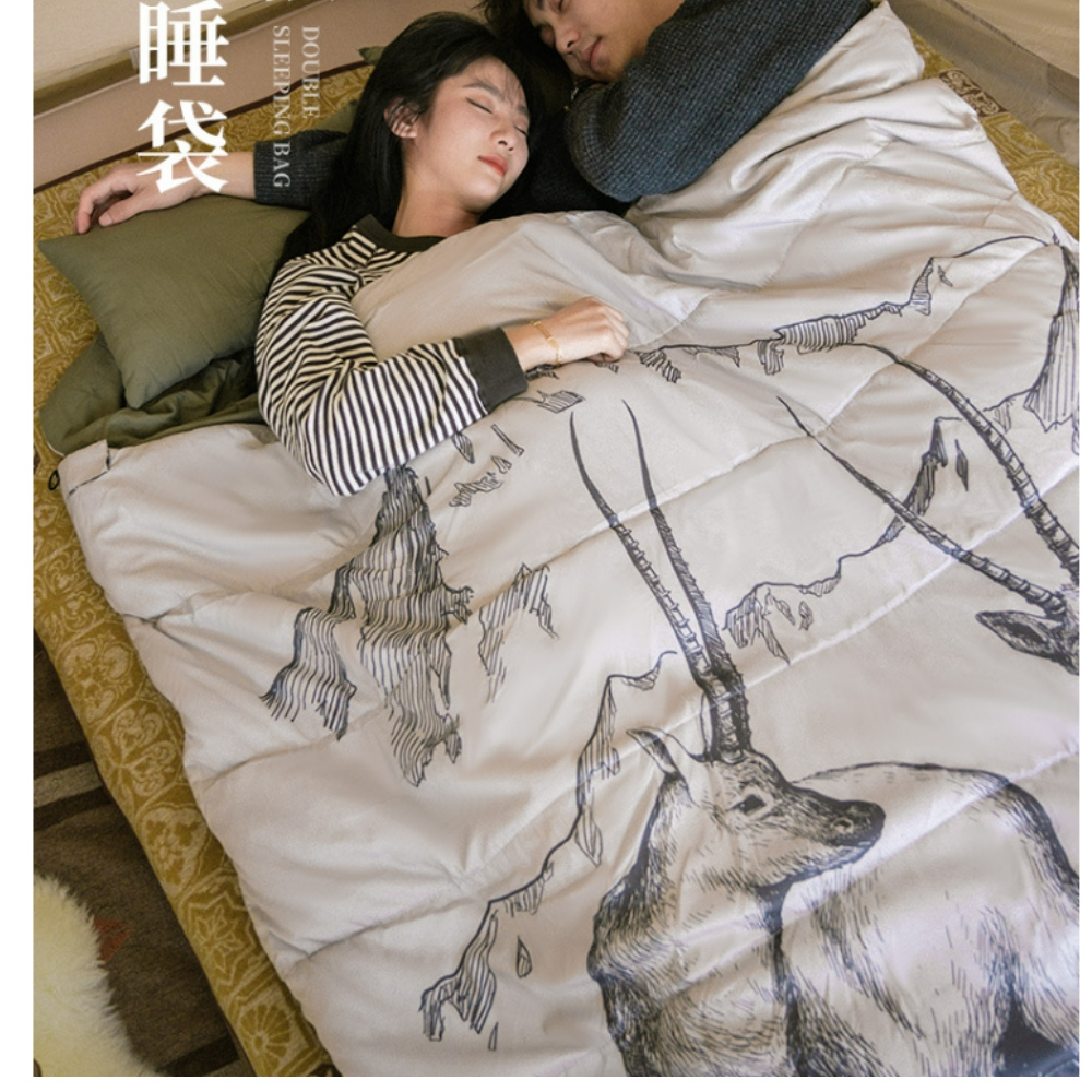 May Shop 【111111125】 雙人帶枕睡袋情侶款成人戶外露營室內午休大人冬季加厚保暖