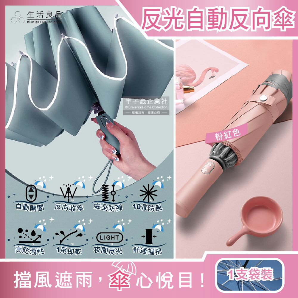 生活良品-10骨反光邊條抗風防潑水一甩即乾1鍵開收防暴衝慢回彈自動摺疊反向晴雨傘-粉紅色(附霧面傘套)