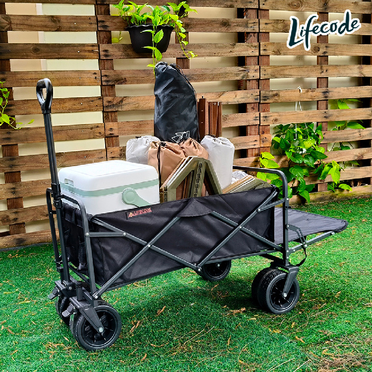 LIFECODE 露營推車-尾部可打平(加大84*50cm-7吋寬輪-帶剎車)+送推車掛袋-黑色