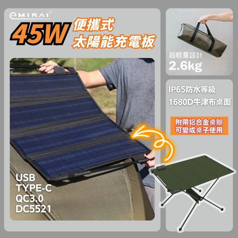 e+MIRAI便攜式太陽能充電板45W一物兩用！可變戰術桌