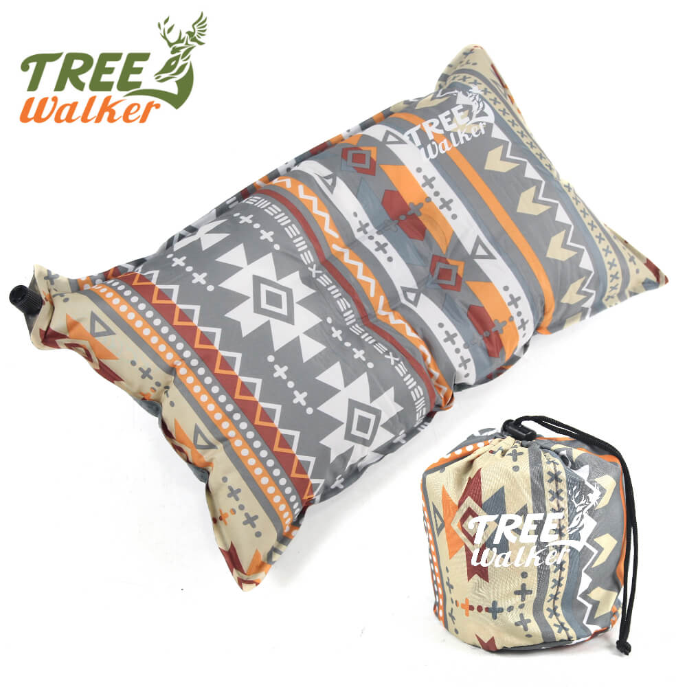 TreeWalker 露遊自動充氣枕頭 - 棕灰圖騰