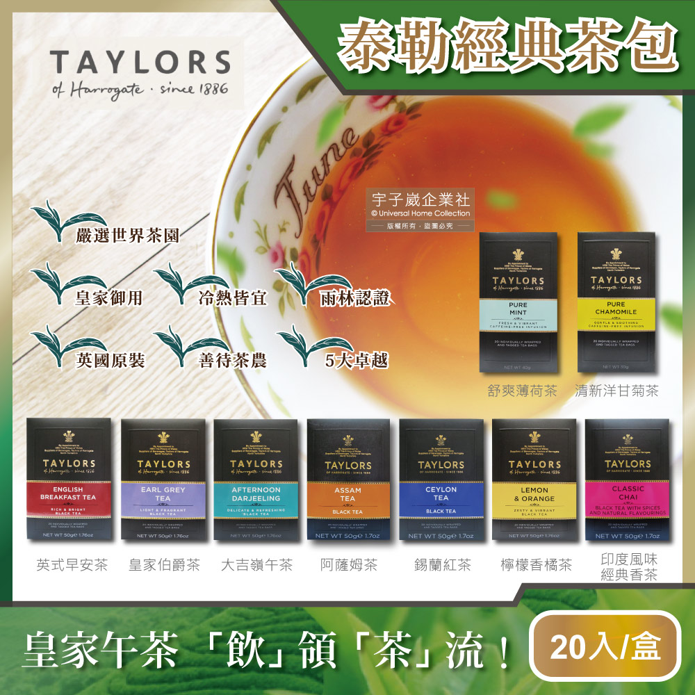 英國Taylors泰勒茶-特級經典茶包20入/盒(雨林聯盟及女王皇家認證,戶外露營泡茶多口味任選)