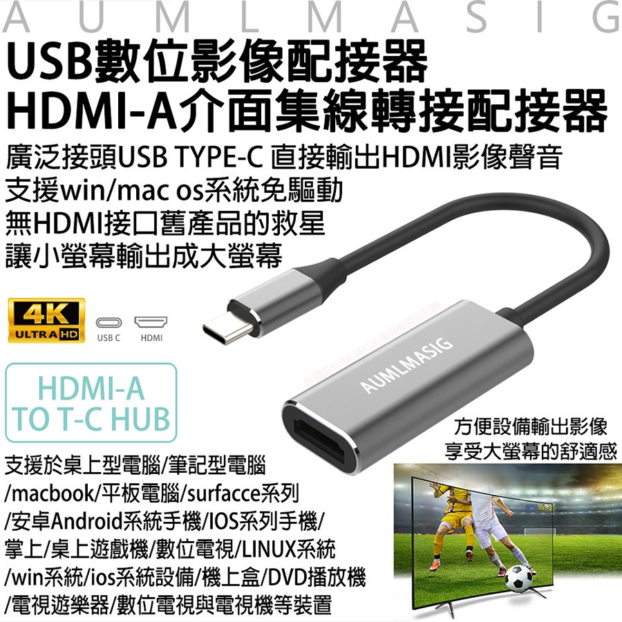 【AUMLMASIG全通碩】USB數位影像配接器 / HDMI-A介面影像轉接配接器廣泛接頭USB TYPE-C