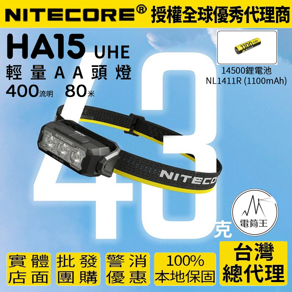 NITECORE HA15 UHE (附可充電電池) 400流明 80米 白光/紅光 多功能頭燈 肩燈 夾燈 AA 14500