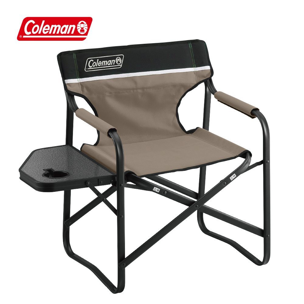 【Coleman】側桌甲板椅 / 灰棕 / CM-90860(露營椅 摺疊椅 休閒椅)