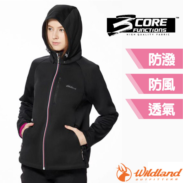【荒野 WildLand】女 防風防潑保暖軟殼連帽外套.夾克.風衣 0A92921-54 黑色