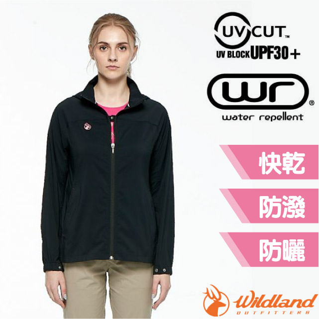 【荒野 WildLand】女新款 N66彈性透氣抗UV連帽外套.運動休閒夾克.騎車風衣/0A81901-54 黑色