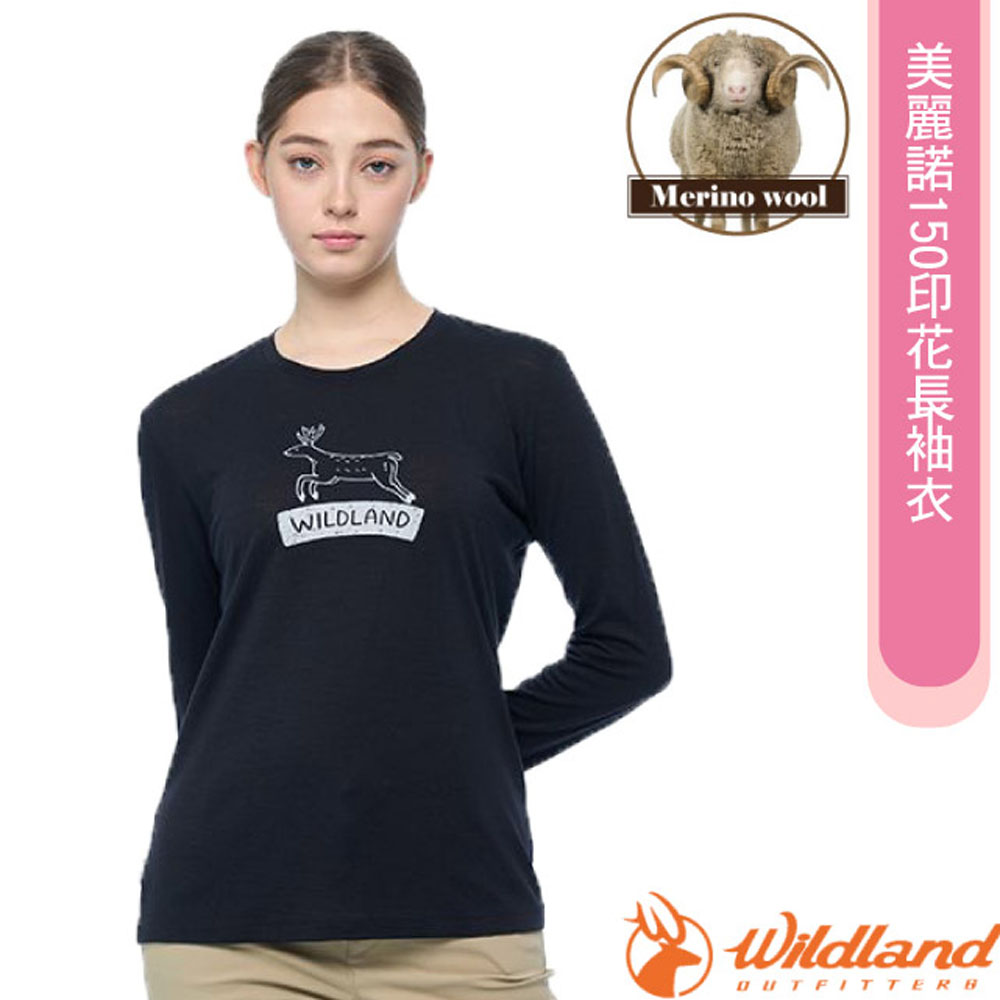 【荒野 WildLand】女 100%美麗諾150印花長袖衣.抗菌抗臭.四面彈性/0B02601-54 黑