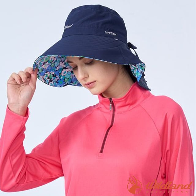 【荒野 WildLand】女抗UV印花雙面優雅遮陽帽.防曬帽.休閒帽.帽後綁帶可調頭圍/W1065-72 深藍色