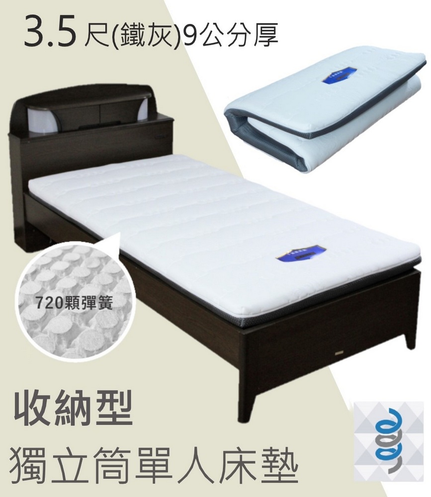 【富鬱床墊】4D透氣獨立筒彈簧床墊9cm 單人3.5尺(鐵灰色) 720顆彈簧-專利型號:M566516