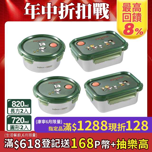 【Snapware 康寧密扣】SNOOPY露營趣不鏽鋼保鮮盒四入組(圓形720MLX2+長方820MLX2)