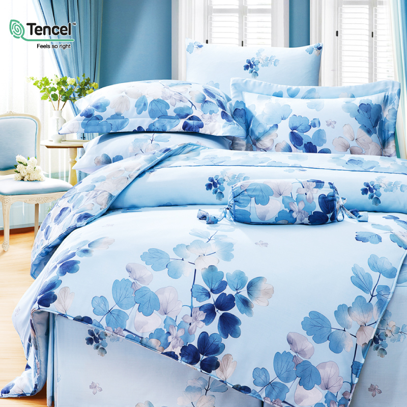 【卉影-藍】 雙人 100%純天絲 兩用被套床包四件組(可包覆35cm)