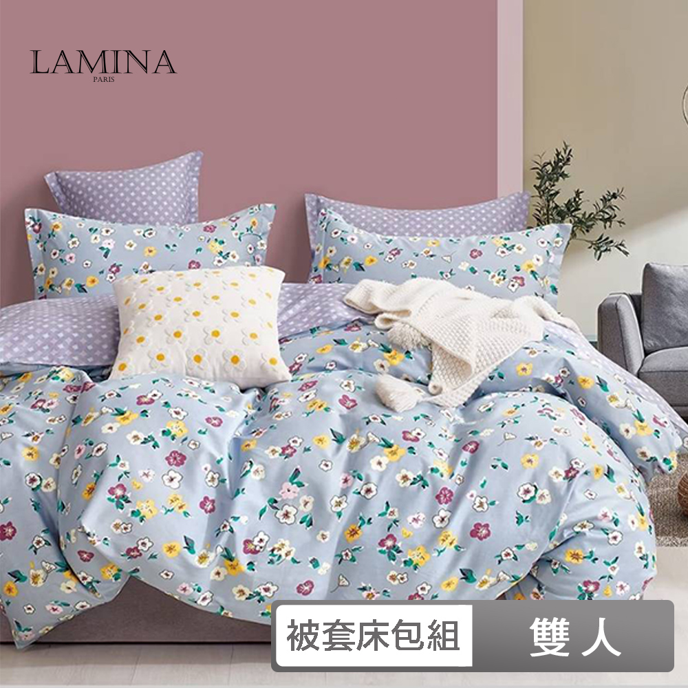 LAMINA 雙人 春色朝陽-藍 100%純棉四件式兩用被套床包組