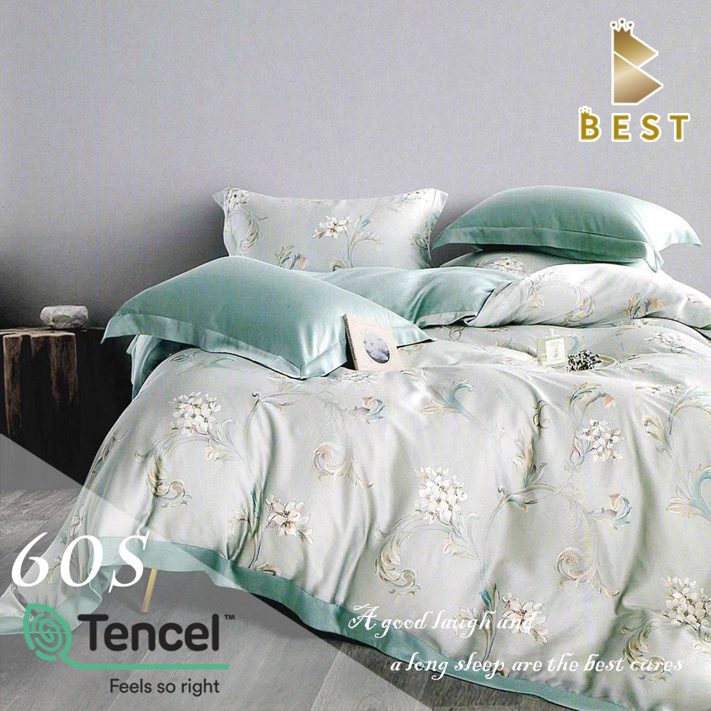 【BEST貝思特】100%TENCEL雙人60支頂級天絲兩用被床包組 枕花眠-綠