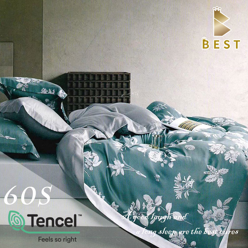 【BEST貝思特】100%TENCEL特大60支頂級天絲兩用被床包組 瑞好-藍